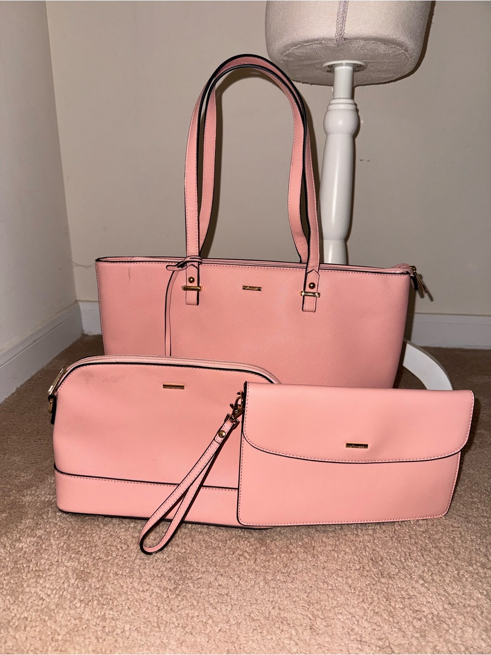 Women's Pink Three-Piece Tote, Wristlet & Clutch Set
